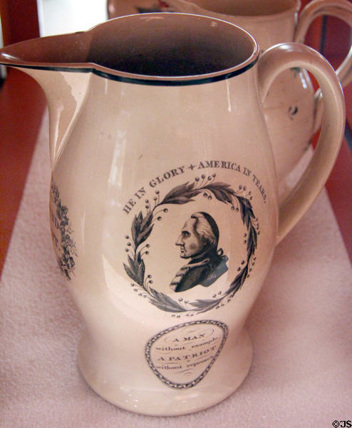 He in Glory - America in Tears commemorative creamware pitcher to George Washington (c1805) by Herculaneum Pottery Co., Liverpool, England at Mattatuck Museum. Waterbury, CT.