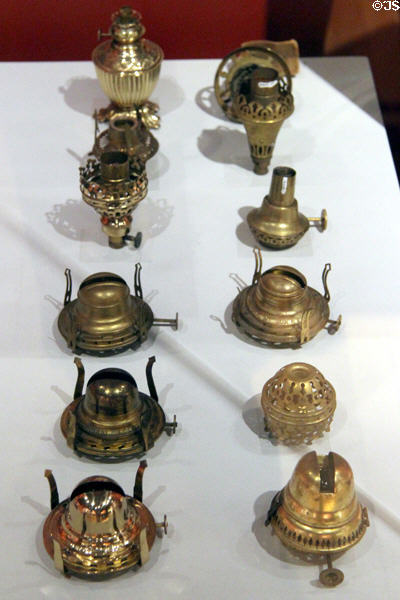 Kerosene brass lamp burners (after 1850s) made by Waterbury industries at Mattatuck Museum. Waterbury, CT.