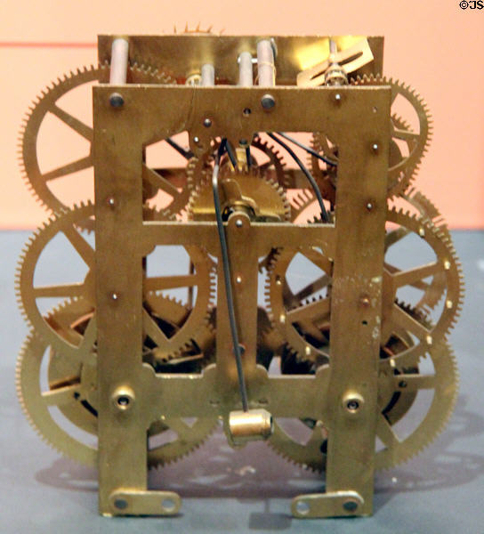 Brass clock movement (1890) by Waterbury Clock Co. at Mattatuck Museum. Waterbury, CT.