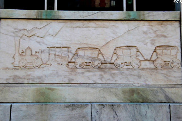 Art Deco frieze of earliest railroad train on Waterbury Post Office. Waterbury, CT.