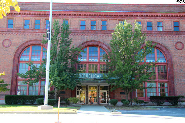 Entrance facade of Waterbury Union Station, now Republican-American newspaper building. Waterbury, CT.