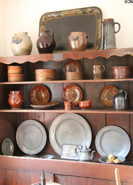 Collection of stoneware, redware, wooden boxes & pewter at Judson House. Stratford, CT.