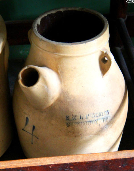 Stoneware spouted jug marked E&LP Norton, Bennington, VT in Rider House at Danbury Museum & Historical Society. Danbury, CT.
