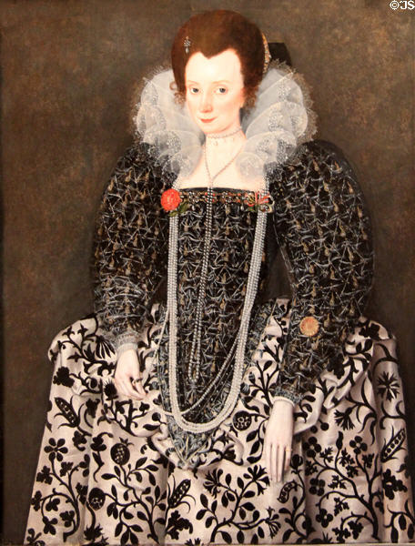 Portrait of woman, possibly Mary Clopton of Kentwell Hall, Suffolk, portrait (c1600) by Robert Peake the Elder at Yale Center for British Art. New Haven, CT.