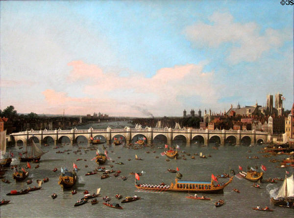 Westminster Bridge with Lord Mayor's Procession on the Thames painting (1747) by Canaletto at Yale Center for British Art. New Haven, CT.