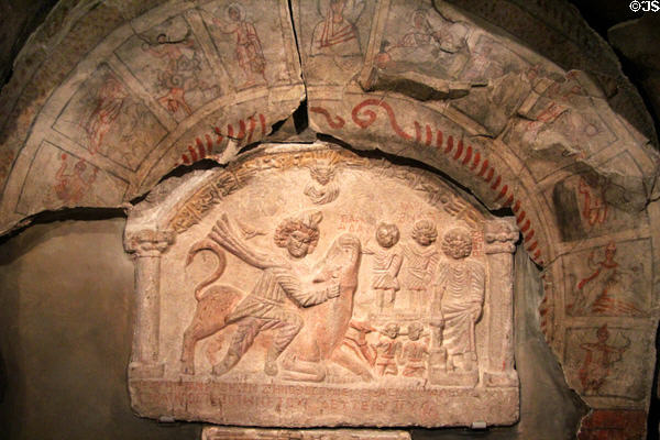 Central relief of Mithras slaying sacred bull from shrine to god Mithras (168-9 CE) from Dura-Europos on Euphrates River at Yale University Art Gallery. New Haven, CT.