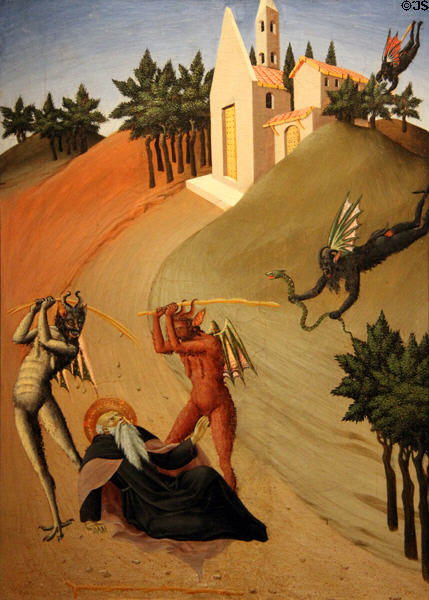 St Anthony Abbot Tormented by Demons painting (c1435-40) by Sano di Pietro of Siena, Italy at Yale University Art Gallery. New Haven, CT.
