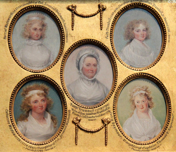 Miniature portraits (1790s) of Harriet Wadsworth, Faith Trumbull, Mrs. Jonathan Trumbull, Sr., Catherine Wadsworth & Mary Julia Seymour by John Trumbull at Yale University Art Gallery. New Haven, CT.