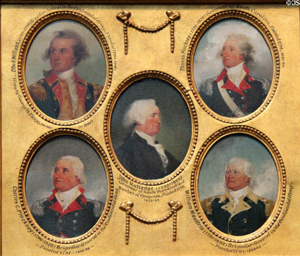 Miniature portraits (1790s) of Otho Holland Williams, Thomas Pinckney, John Rutledge, Charles Cotesworth Pinckney, & William Moultrie by John Trumbull at Yale University Art Gallery. New Haven, CT.