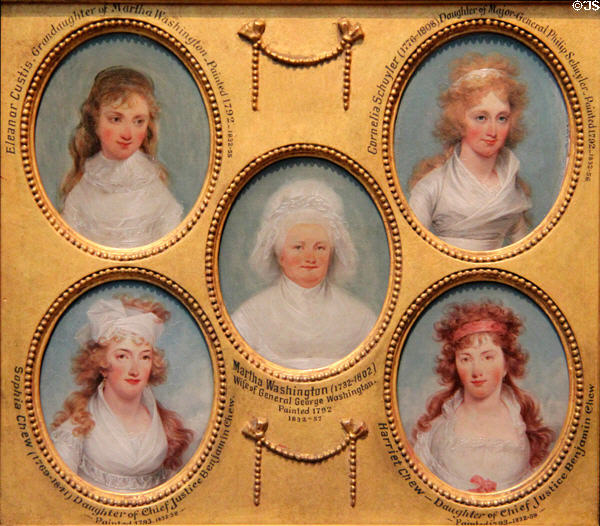 Miniature portraits (1790s) of Eleanor Parke Custis, Cornelia Schuyler, Mrs. George Washington, Sophia Chew, & Harriet Chew by John Trumbull at Yale University Art Gallery. New Haven, CT.