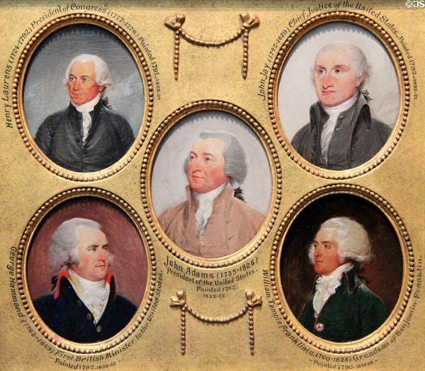 Miniature portraits (1790s) of Henry Laurens, John Jay, John Adams, George Hammond, & William Temple Franklin by John Trumbull done in preparation for his Treaty of Paris painting at Yale University Art Gallery. New Haven, CT.
