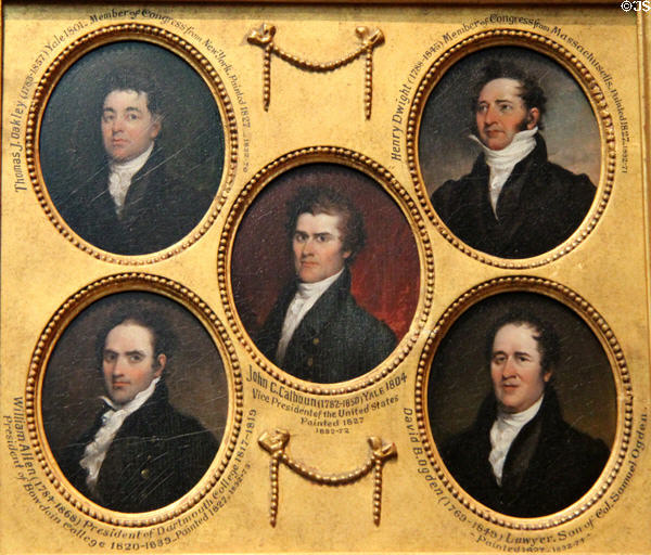 Miniature portraits (1790s) of Thomas Jackson Oakley, Henry Williams Dwight, US VP John Caldwell Calhoun, William Allen, & David Bayard Ogden by John Trumbull at Yale University Art Gallery. New Haven, CT.