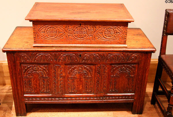 Document box (c1640-80) by William Buel & chest (c1640-80) both from Windsor, CT at Yale University Art Gallery. New Haven, CT.