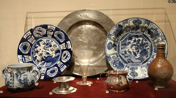 Collection of 17th C ceramic, metal & glass table items at Yale University Art Gallery. New Haven, CT.