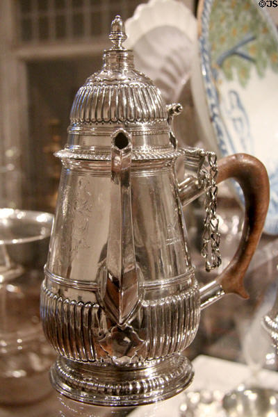 Silver chocolate pot (1700-10) by Edward Winslow of Boston at Yale University Art Gallery. New Haven, CT.