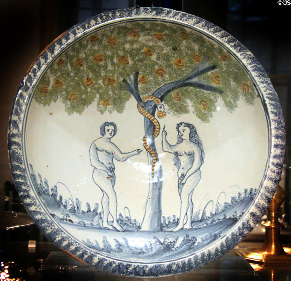Earthenware charger with Adam & Eve (mid 18thC) from Netherlands at Yale University Art Gallery. New Haven, CT.