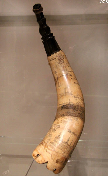 Powder horn with map of Hudson River (c1760) from New York colony at Yale University Art Gallery. New Haven, CT.
