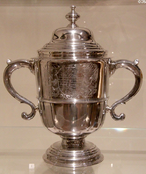 Two-handled covered cup presented to Commodore Edward Tyng (1744) by Jacob Hurd of Boston, MA at Yale University Art Gallery. New Haven, CT.