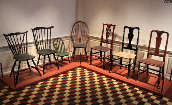 Collection of early American side chairs at Yale University Art Gallery. New Haven, CT.