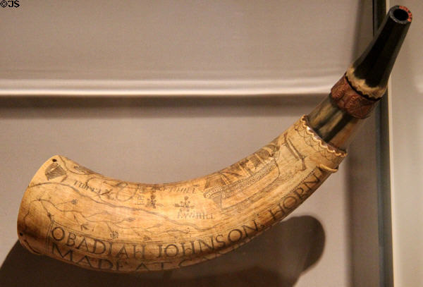 Powder horn (1775) by William Hovey of Cambridge, MA at Yale University Art Gallery. New Haven, CT.