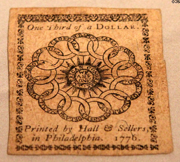 Continental One-third Dollar Bill (1776) printed by Hall & Sellers of Philadelphia, PA at Yale University Art Gallery. New Haven, CT.
