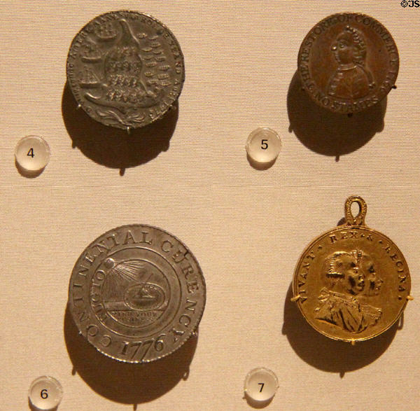 Medals commemorating Battle of Rhode Island (1779); repeal of Stamp Act (1766); Continental Currency (1776); & Loyalist Refugees (1776) at Yale University Art Gallery. New Haven, CT.
