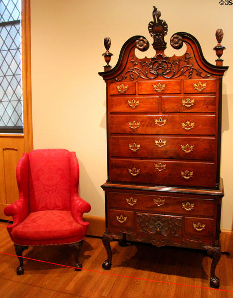 Easy chair (1755-75) & high chest of drawers (1760-80) both from Philadelphia, PA at Yale University Art Gallery. New Haven, CT.