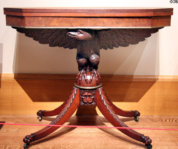 Mahogany card table supported by carved eagle (1810-25) from New York at Yale University Art Gallery. New Haven, CT.