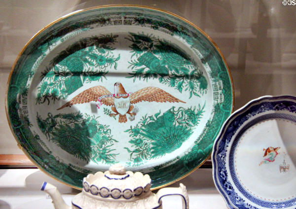 Porcelain platter with American eagle (c1815) owned by Commodore Isaac Hull from Jingdezhen, China at Yale University Art Gallery. New Haven, CT.