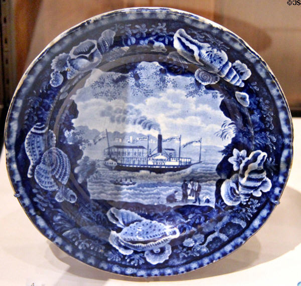 Earthenware plate (1825-46) depicting Steamboat "Chief Justice Marshal" from Enoch Wood & Sons of Staffordshire, England at Yale University Art Gallery. New Haven, CT.