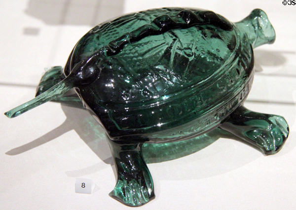 Mold-blown glass Sailor's Rights Flask (Turtle Whimsy) (1815-30) from Kensington Glassworks of Philadelphia at Yale University Art Gallery. New Haven, CT.