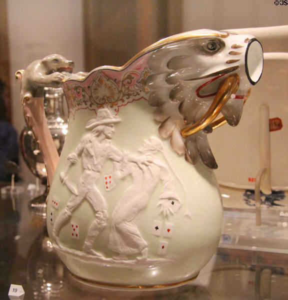 Pitcher depicting Bret Harte poem "Heathen Chenee" (1875-85) by Karl L.H. Müller made by Union Porcelain Works, Greenpoint, Brooklyn at Yale University Art Gallery. New Haven, CT.