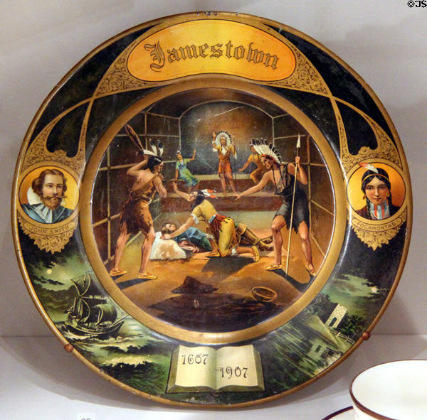 Jamestown Exposition (1907) souvenir John Smith & Pocahontas plate by W.H. Owens & Co. of Manchester, VA at Yale University Art Gallery. New Haven, CT.