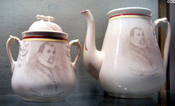 Souvenir china sugar bowl & coffeepot with lithograph of Columbus (c1892-3) by H.B.P. Co. at Knights of Columbus Museum. New Haven, CT.
