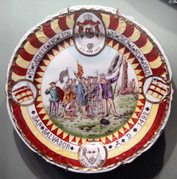 White china commemorative plate with image of landing of Columbus (c1892-3) at Knights of Columbus Museum. New Haven, CT.