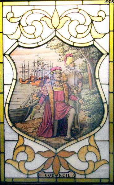 Stained glass window with landing of Columbus at Knights of Columbus Museum. New Haven, CT.