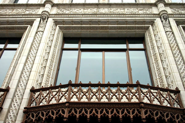 Terrell Place window detail with gargoyles. Washington, DC. Style: Chicago.