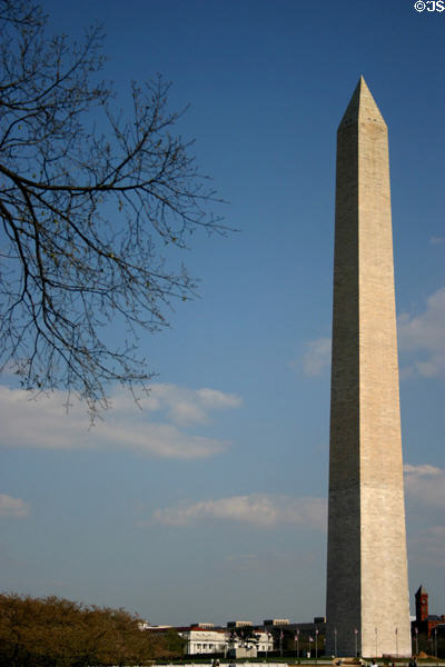 Washington Monument (1848-84) at 555ft 5in is tallest masonry tower in the world. Washington, DC. Architect: Robert Mills, et al. On National Register.