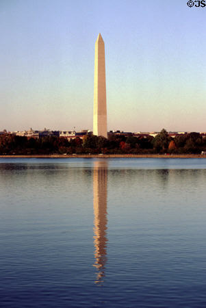 Washington Monument reflects on Tidal Basin. Washington, DC.