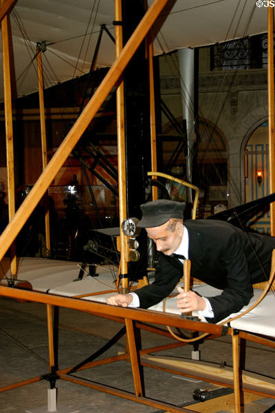 Wright Brothers' plane showing pilot's position in Air & Space Museum. Washington, DC.