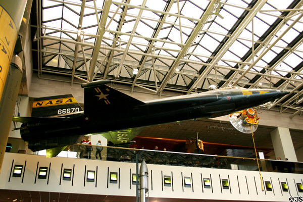 North American X-15 (1959), only plane to go into space (108km) after being launched from B-52 in Air & Space Museum. Washington, DC.
