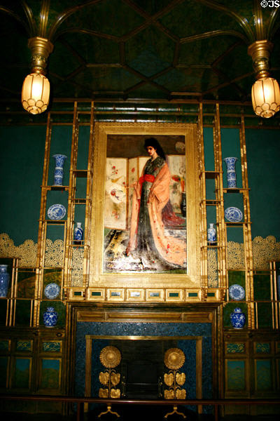 Peacock Room & painting of Princess of Land of Porcelain by James McNeill Whistler (before 1892) plus collection of Qing dynasty Chinese porcelain (1662-1722) in Freer Gallery. Washington, DC.