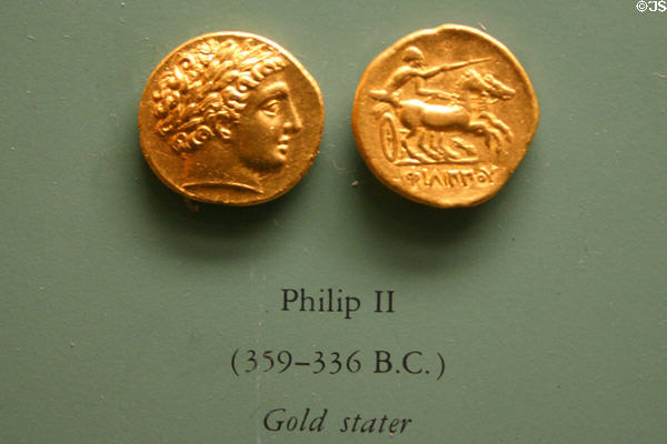 Greek Stater gold coins (359-336 B.C.) showing Philip II & chariot in American History Museum. Washington, DC.