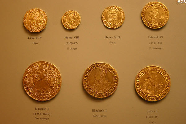 Gold coins from Tudor England (16 & 17thC) in American History Museum. Washington, DC.