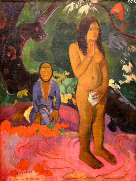 Parau na te Varua ino (Words of the Devil) painting (1892) by Paul Gauguin at National Gallery of Art. Washington, DC.