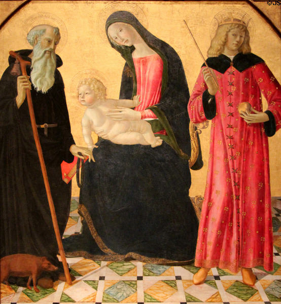 Madonna & Child with St Anthony Abbot & St Sigismund painting (1490-5) by Nercoccio de' Landi of Siena at National Gallery of Art. Washington, DC.