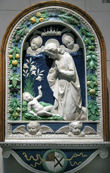 Glazed terracotta Adoration of the Child (after 1477) by Andrea della Robbia of Florence at National Gallery of Art. Washington, DC.