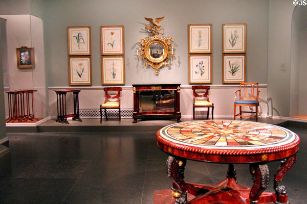 Gallery of early American furniture with table at National Gallery of Art. Washington, DC.