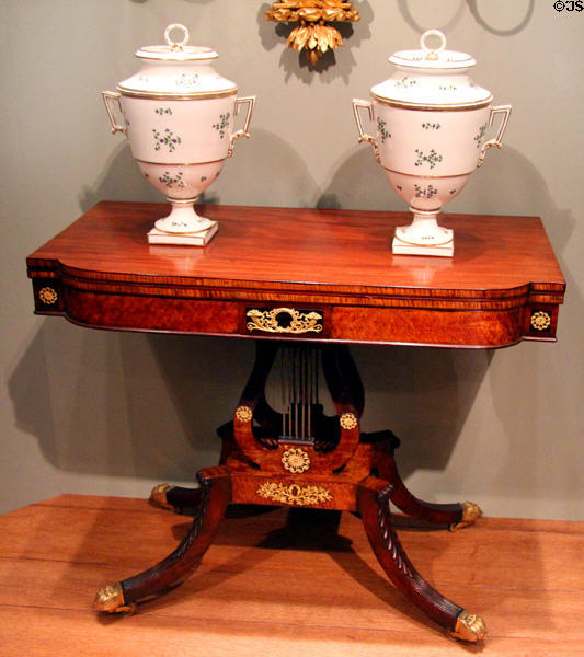 Card table (1810-25) from Philadelphia with porcelain dessert coolers (1800-5) by Dihl & Guérhard of Paris at National Gallery of Art. Washington, DC.