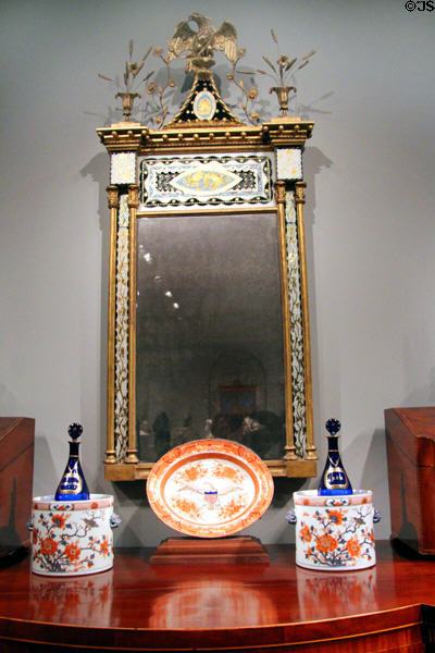 Looking glass (1790-1815) from New York above porcelain platter (1800-20) plus wine coolers (1720-40) from Jingdezhen, China at National Gallery of Art. Washington, DC.